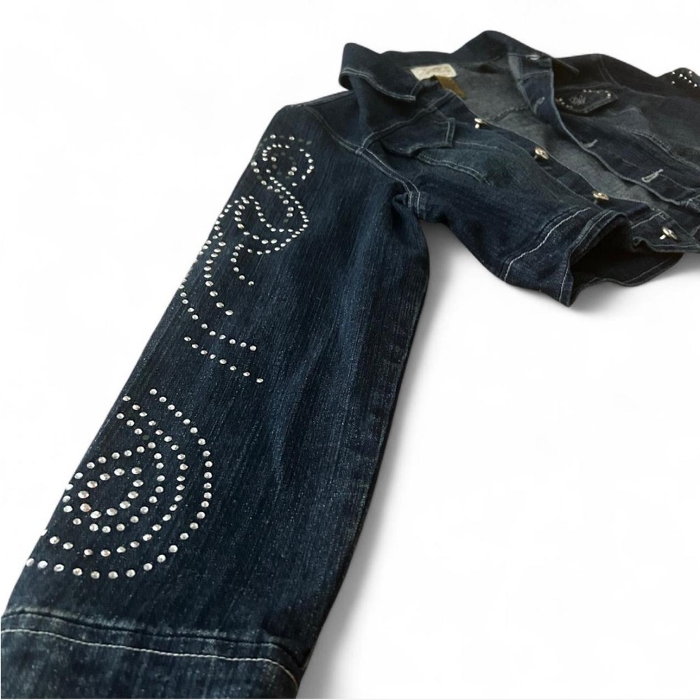 Women's Dark Blue Crop Denim Jacket with Rhinestone Details - Picture 2 of 6